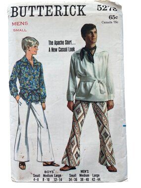 Vintage Butterick 5275 Sewing Pattern Small Mens Apache Shirt Dressmaking CUT